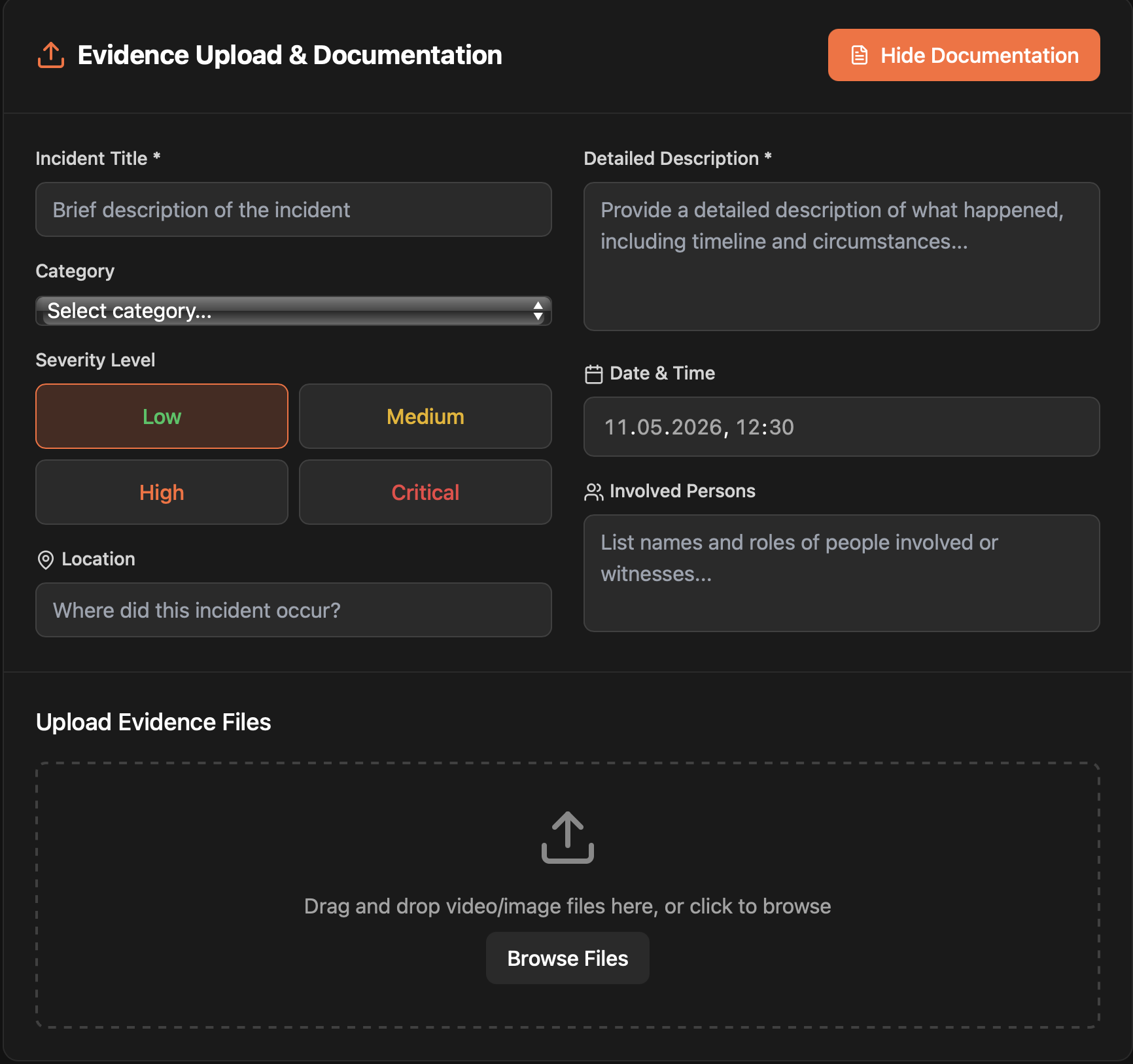 BlackSwan evidence upload and incident documentation interface